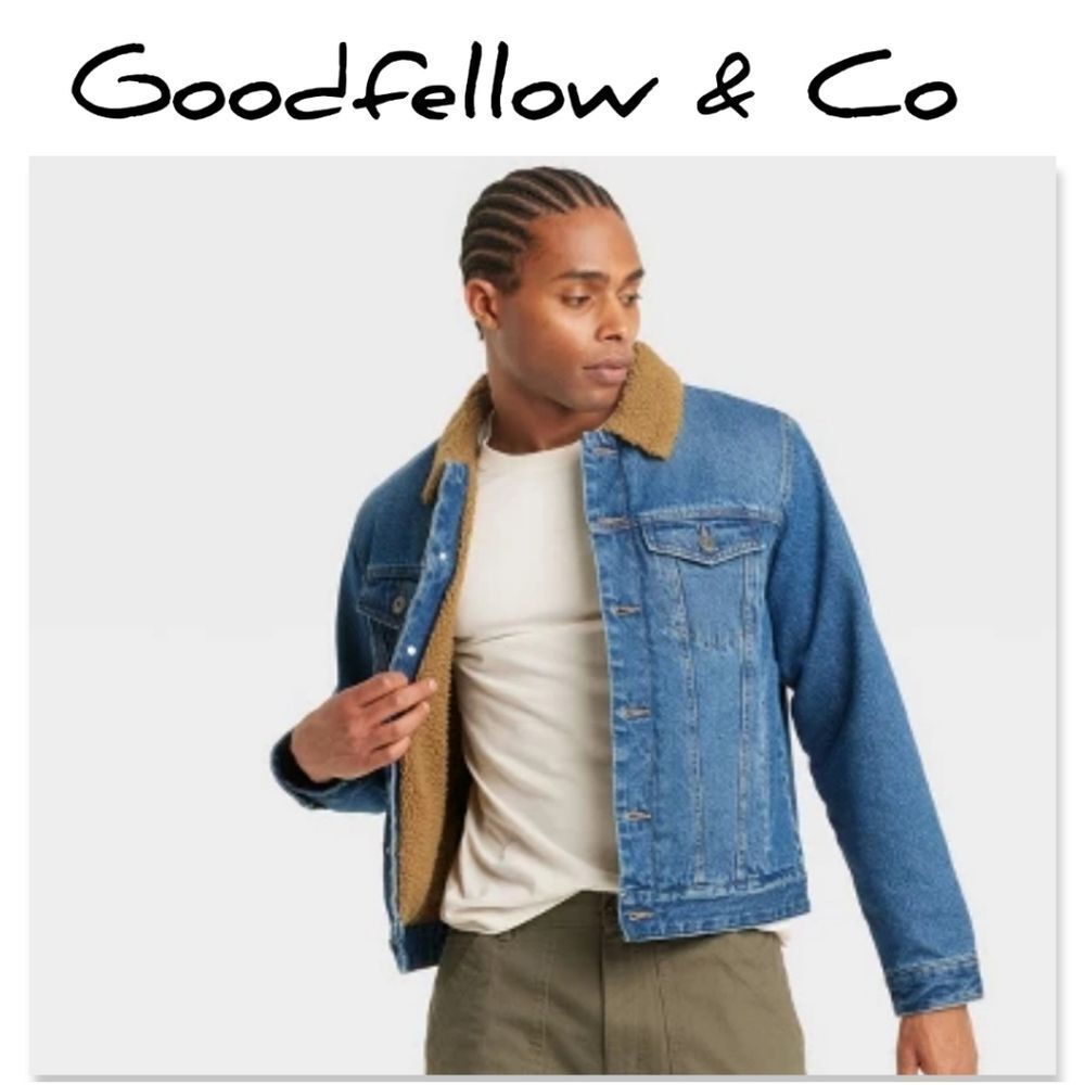 NWT Goodfellow & Co Denim Heavy Weight Trucker Jacket W/ Faux Fur Lining
